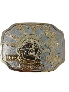 100 Years Of Liberty Belt Buckle 1886-1986 W/Diamond Detail Gold Tone 3.3/8" #J4